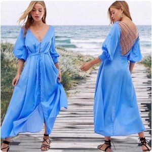 Free People blue silk dress $128 Later Days 3/4 length maxi dress. NWT